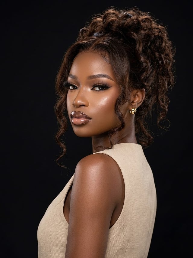 Mise en beauté de studio : maquillage lumineux et chignon bouclé